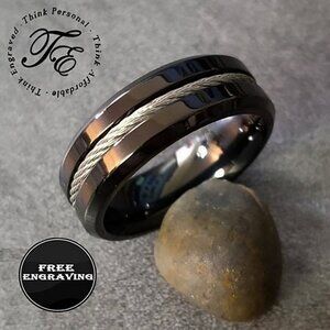 Personalized Engraved Men's Black Promise Ring Cable Inlay - Guys Promise Ring